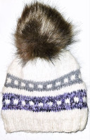 Varm mössa I samojed och merinoull med pompom I fuskpäls. huvudomfång 55-58